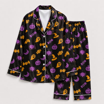 PJ-674-October Delight Pajama Set, Festive Halloween Satin Sleepwear, Cheerful Autumn Lounge Outfit