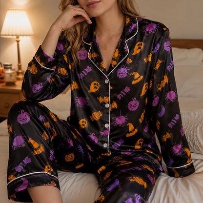PJ-674-October Delight Pajama Set, Festive Halloween Satin Sleepwear, Cheerful Autumn Lounge Outfit