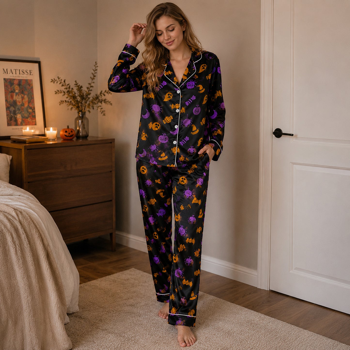 PJ-674-October Delight Pajama Set, Festive Halloween Satin Sleepwear, Cheerful Autumn Lounge Outfit
