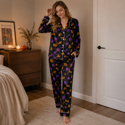 PJ-674-October Delight Pajama Set, Festive Halloween Satin Sleepwear, Cheerful Autumn Lounge Outfit