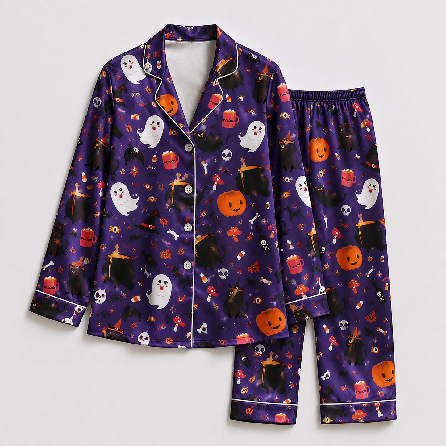 PJ-675-Halloween Whimsy Satin Pajamas, Fun Seasonal Print Sleepwear, Relaxed Fall Loungewear, Cozy Gift