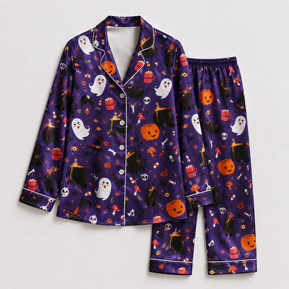 PJ-675-Halloween Whimsy Satin Pajamas, Fun Seasonal Print Sleepwear, Relaxed Fall Loungewear, Cozy Gift