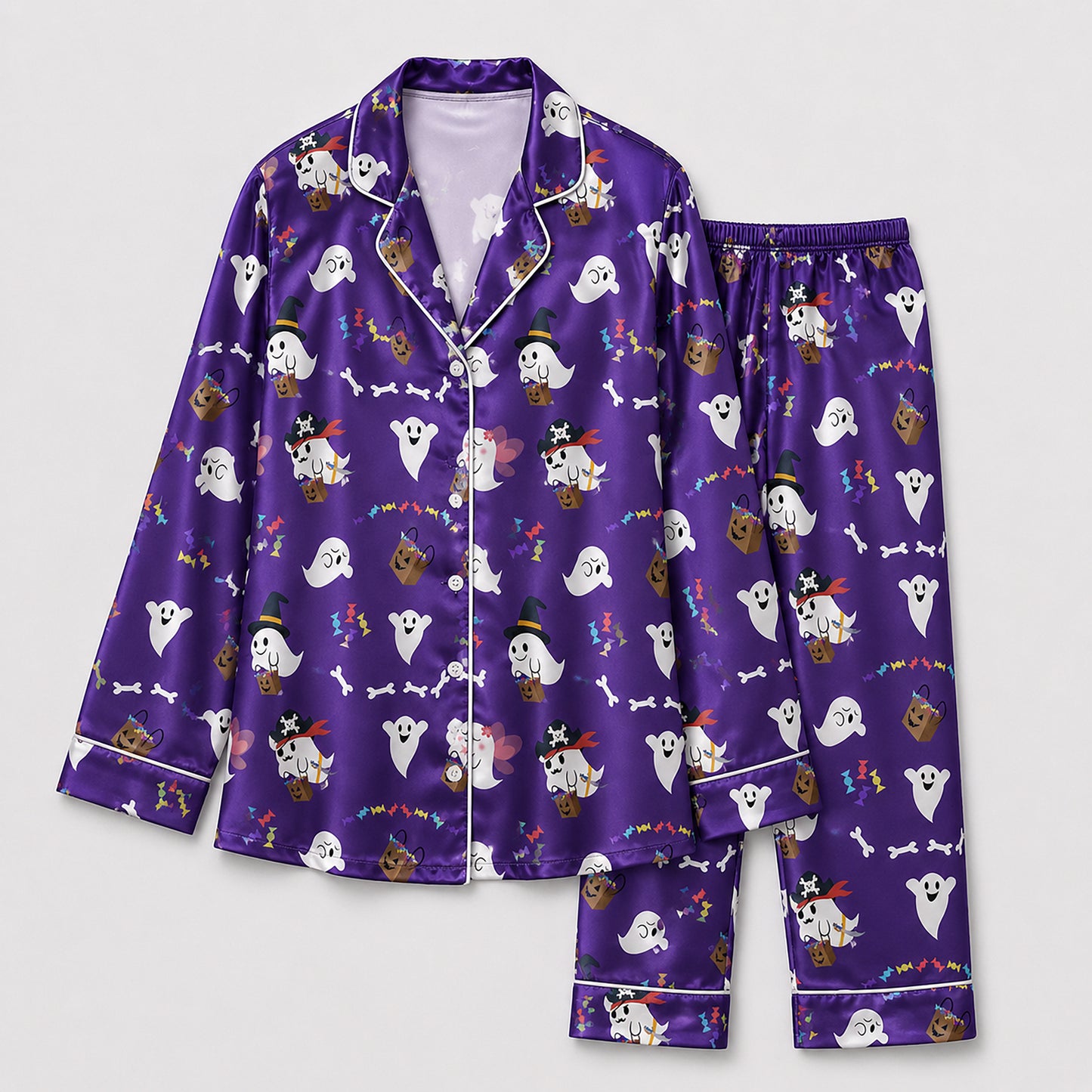 PJ-676-Spooky Festival Satin Pajama Set, Colorful Halloween Sleepwear, Cozy October Loungewear, Seasonal Boutique Gift
