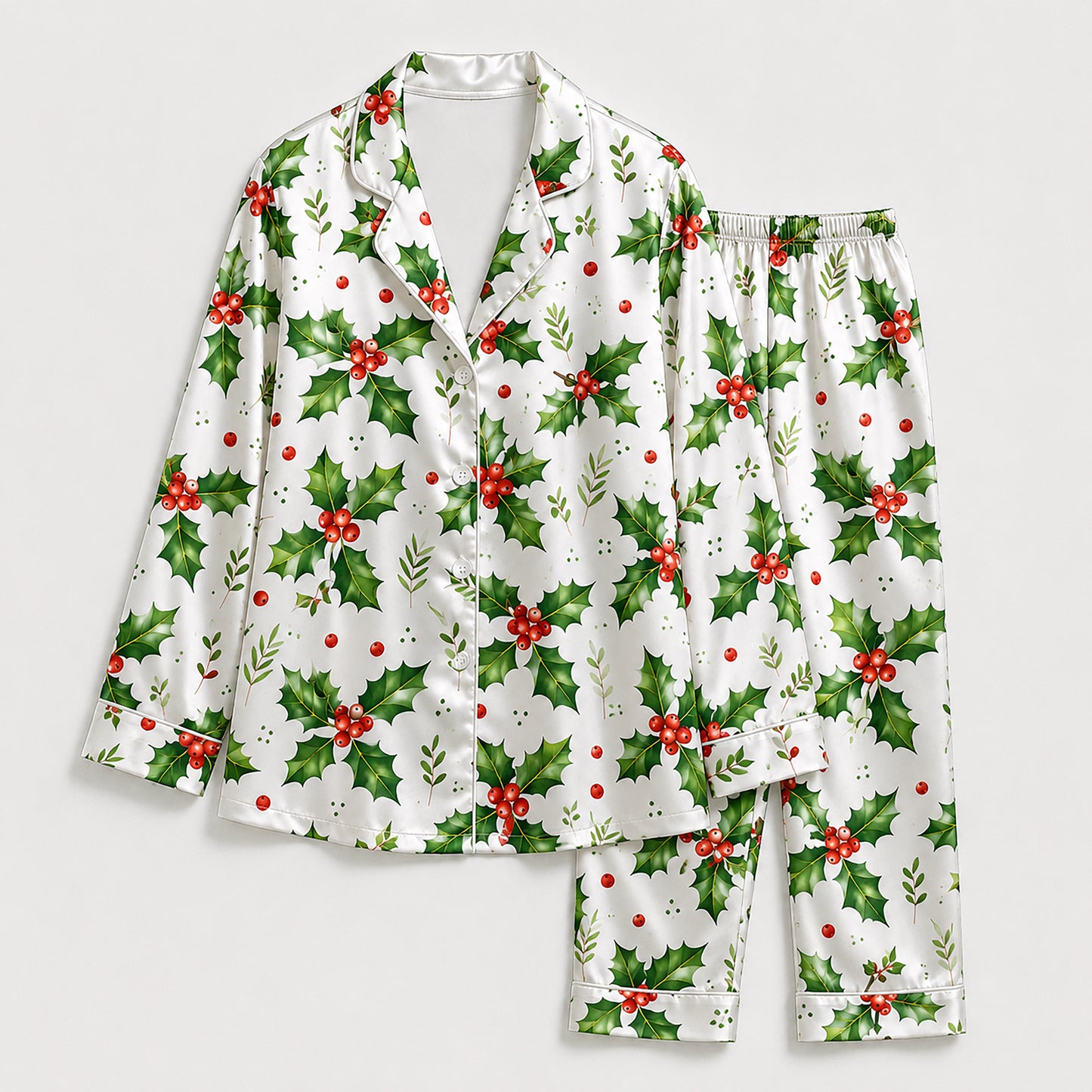 PJ-677-Merry Mistletoe Satin Pajama Set, Cozy Christmas Sleepwear, Festive Winter Loungewear, Thoughtful Holiday Gift