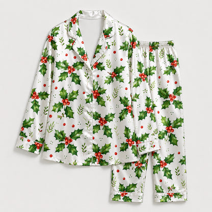PJ-677-Merry Mistletoe Satin Pajama Set, Cozy Christmas Sleepwear, Festive Winter Loungewear, Thoughtful Holiday Gift