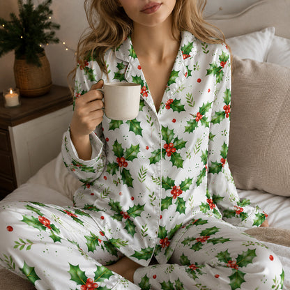 PJ-677-Merry Mistletoe Satin Pajama Set, Cozy Christmas Sleepwear, Festive Winter Loungewear, Thoughtful Holiday Gift