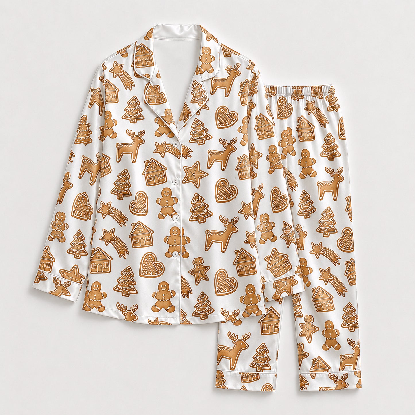 PJ-678-Cheerful Gingerbread Satin Pajama Set, Cute Christmas Sleepwear, Cozy Holiday Loungewear, Festive Winter Gift