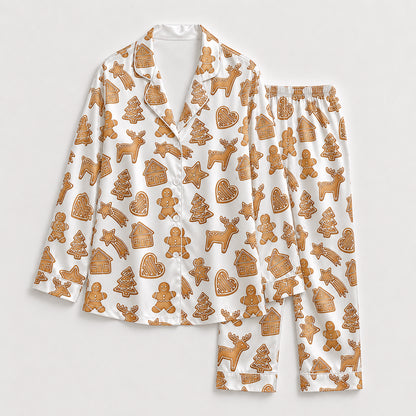 PJ-678-Cheerful Gingerbread Satin Pajama Set, Cute Christmas Sleepwear, Cozy Holiday Loungewear, Festive Winter Gift