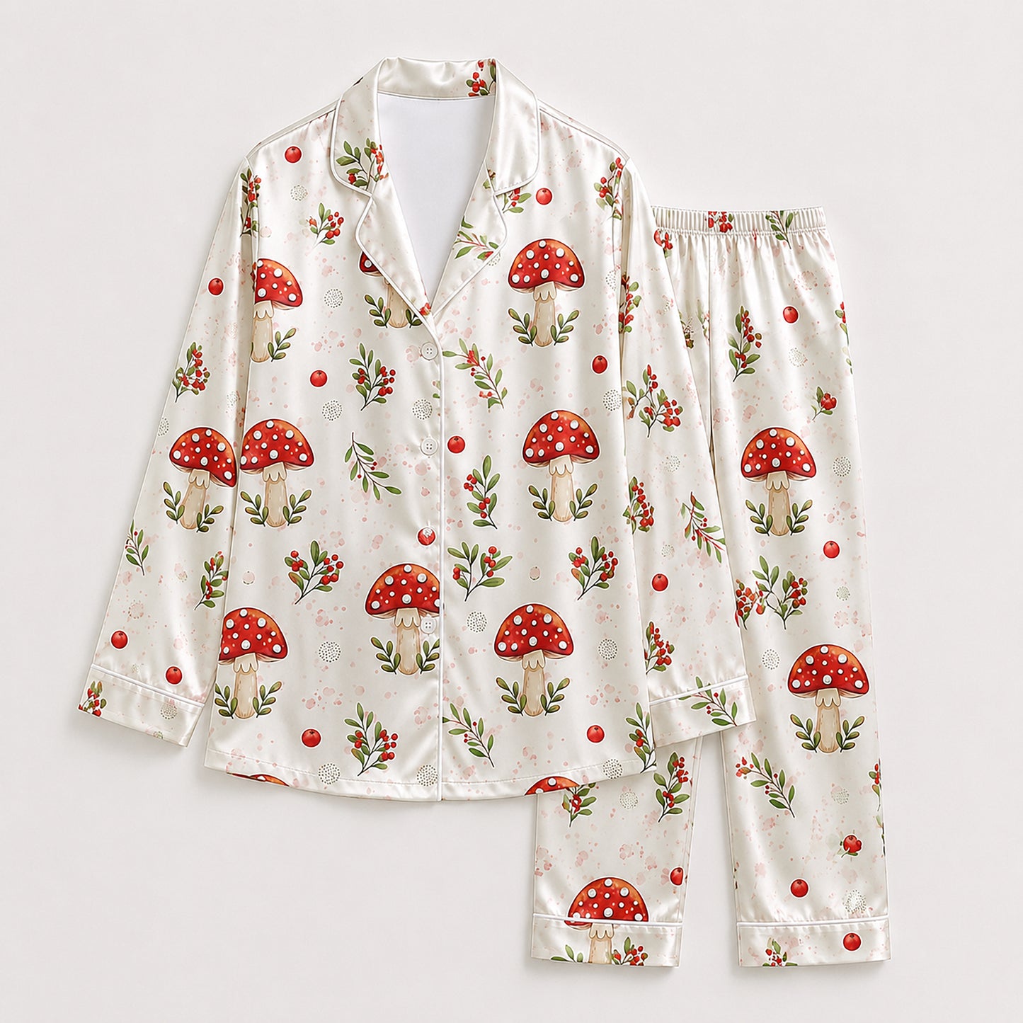 PJ-680-Whimsical Christmas Mushroom Satin Pajama Set, Festive Botanical Print Sleepwear, Cozy Winter Loungewear, Holiday Gift