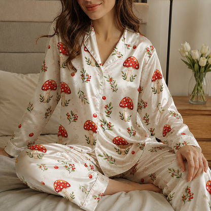 PJ-680-Whimsical Christmas Mushroom Satin Pajama Set, Festive Botanical Print Sleepwear, Cozy Winter Loungewear, Holiday Gift