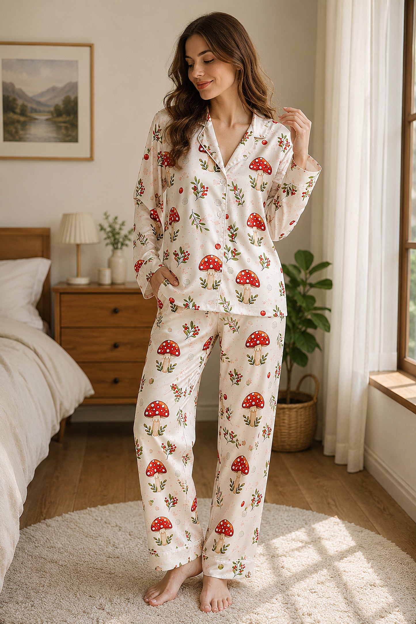 PJ-680-Whimsical Christmas Mushroom Satin Pajama Set, Festive Botanical Print Sleepwear, Cozy Winter Loungewear, Holiday Gift