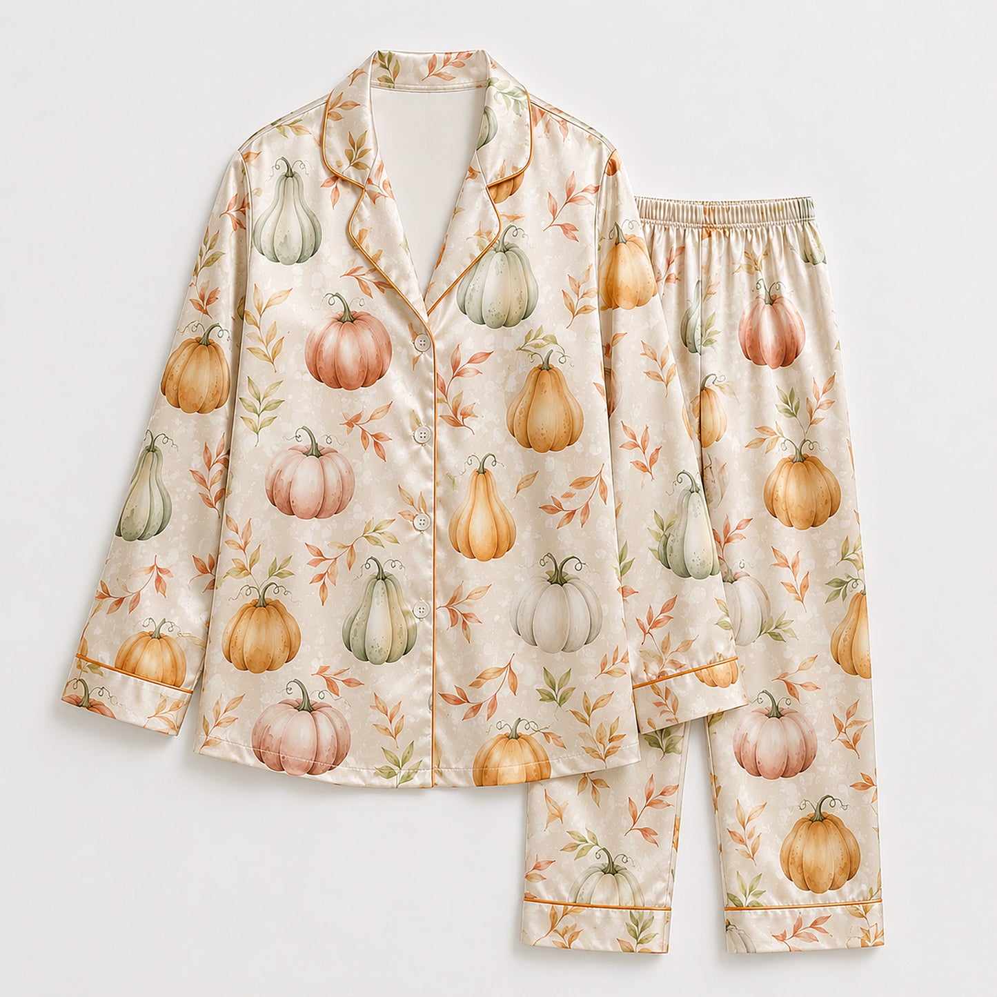 PJ-681-Pumpkin Pattern Satin Pajama Set, Cute Halloween Sleepwear, Cozy Autumn Loungewear, Festive October Gift