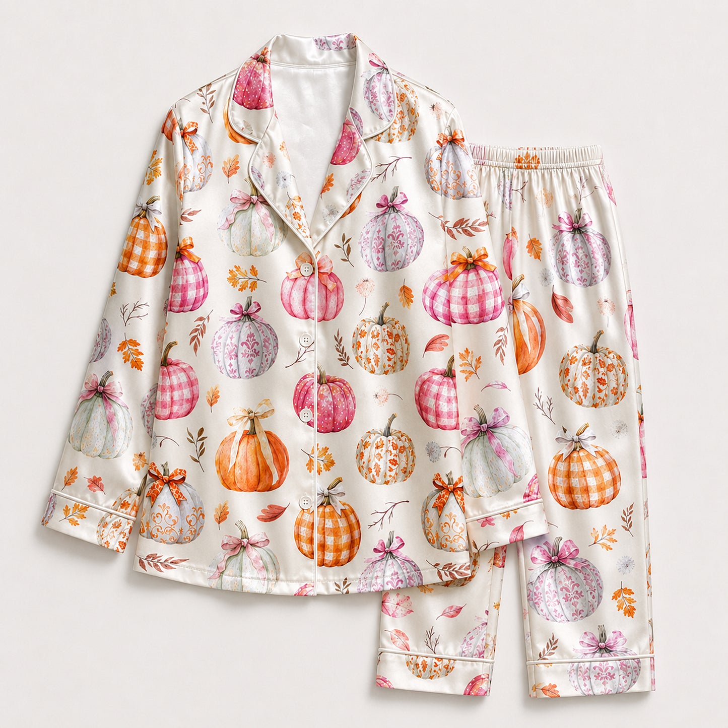 PJ-682-Whimsical Pumpkin Satin Pajamas, Playful Halloween Print Sleepwear, Soft Fall Lounge Set, Seasonal Gift