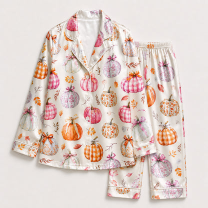 PJ-682-Whimsical Pumpkin Satin Pajamas, Playful Halloween Print Sleepwear, Soft Fall Lounge Set, Seasonal Gift