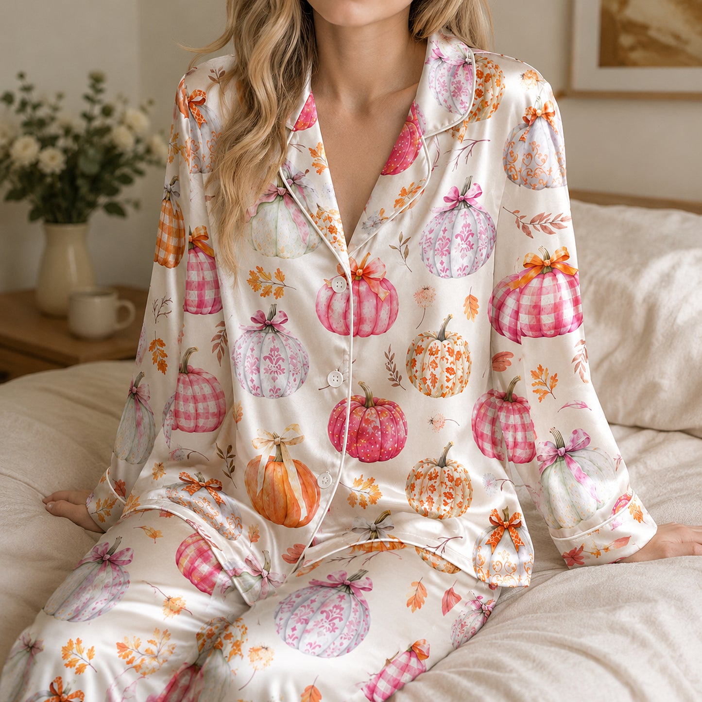 PJ-682-Whimsical Pumpkin Satin Pajamas, Playful Halloween Print Sleepwear, Soft Fall Lounge Set, Seasonal Gift
