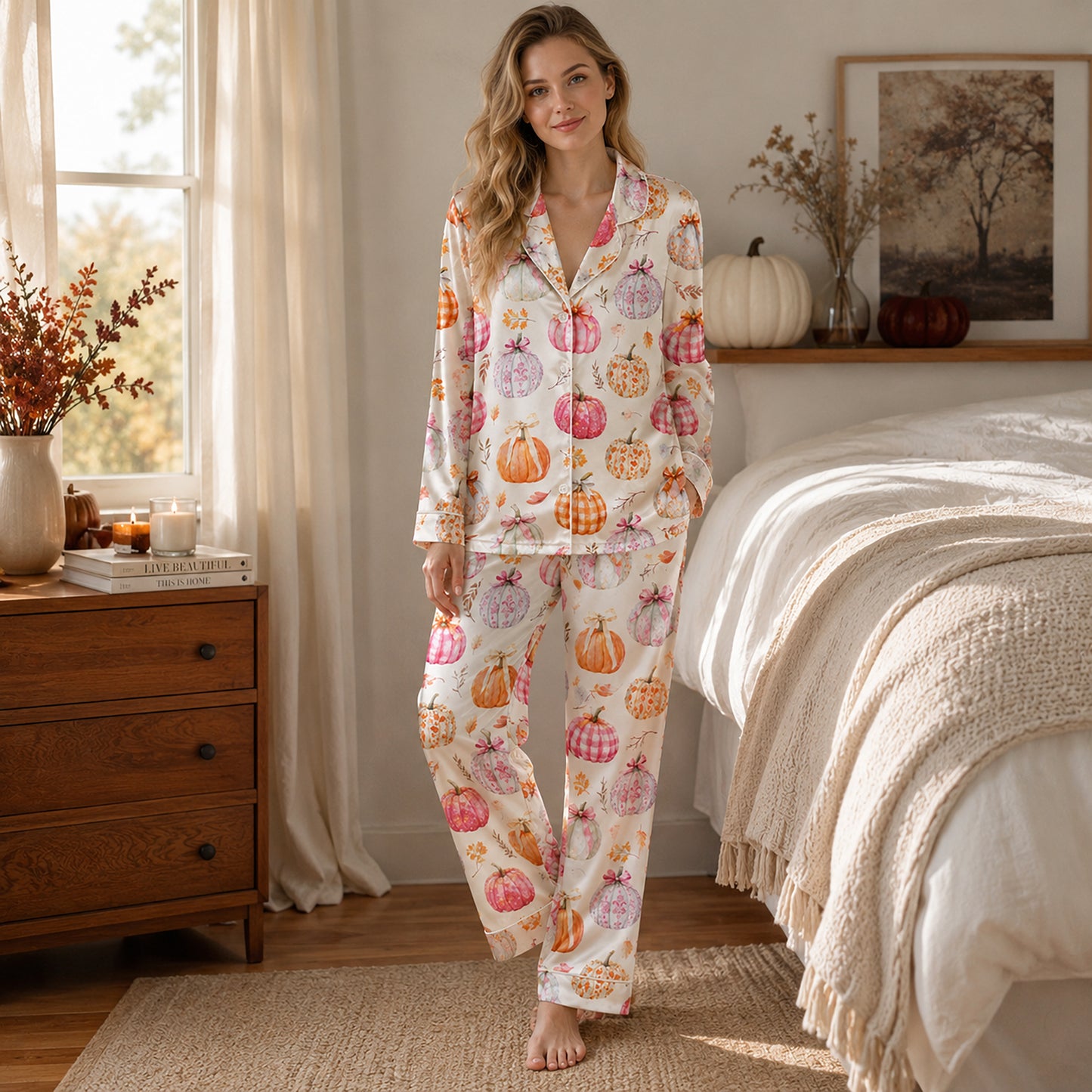 PJ-682-Whimsical Pumpkin Satin Pajamas, Playful Halloween Print Sleepwear, Soft Fall Lounge Set, Seasonal Gift