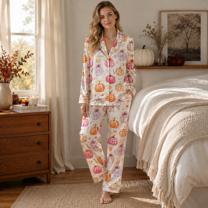 PJ-682-Whimsical Pumpkin Satin Pajamas, Playful Halloween Print Sleepwear, Soft Fall Lounge Set, Seasonal Gift
