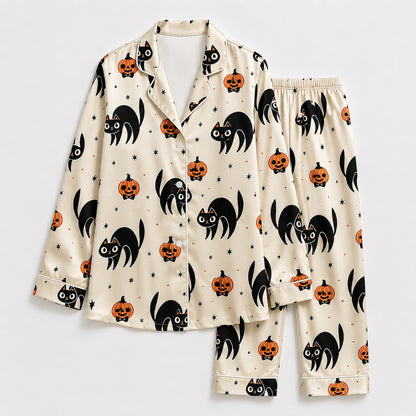 PJ-683-Black Cat Satin Pajama Set, Cute Halloween Pattern Sleepwear, Whimsical Spooky Loungewear, October Gift
