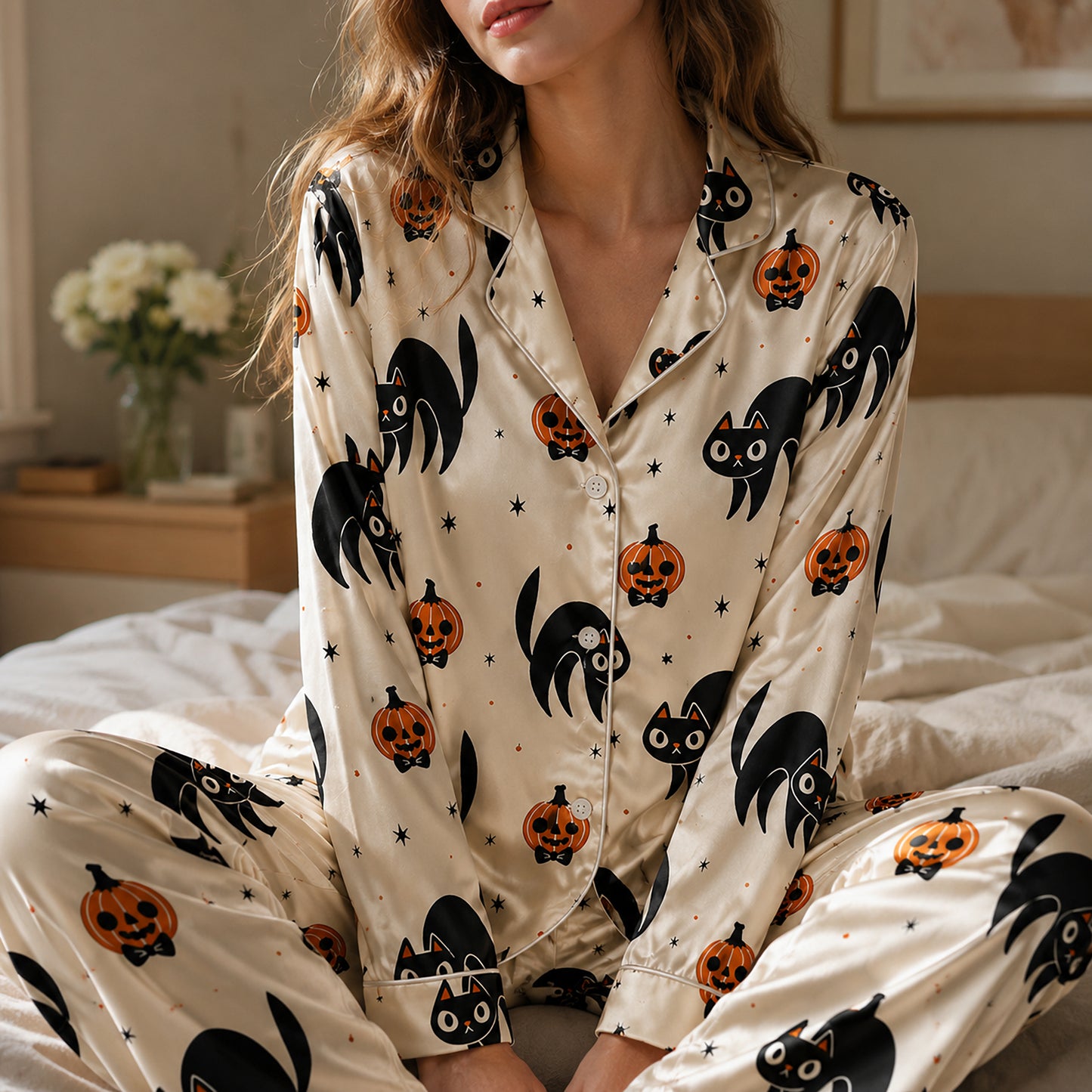 PJ-683-Black Cat Satin Pajama Set, Cute Halloween Pattern Sleepwear, Whimsical Spooky Loungewear, October Gift