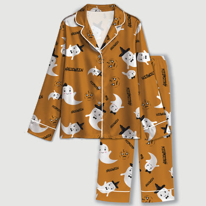 PJ-684-Vibrant Purple and Orange Halloween Pajamas, Playful Spooky Satin Sleepwear, Festive Fall Loungewear, October Gift