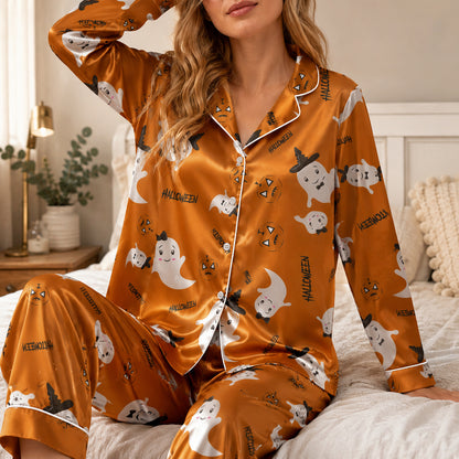 PJ-684-Vibrant Purple and Orange Halloween Pajamas, Playful Spooky Satin Sleepwear, Festive Fall Loungewear, October Gift