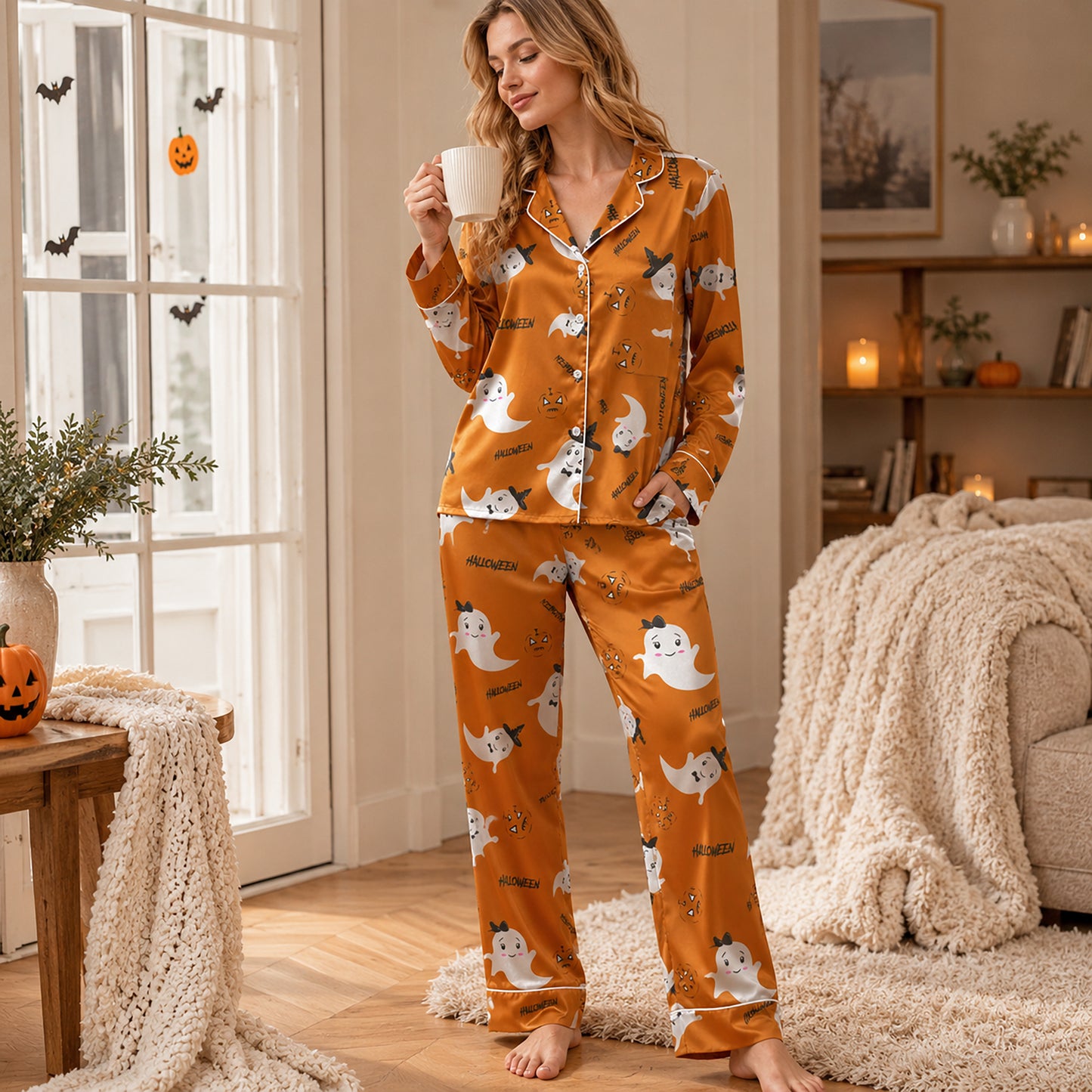 PJ-684-Vibrant Purple and Orange Halloween Pajamas, Playful Spooky Satin Sleepwear, Festive Fall Loungewear, October Gift