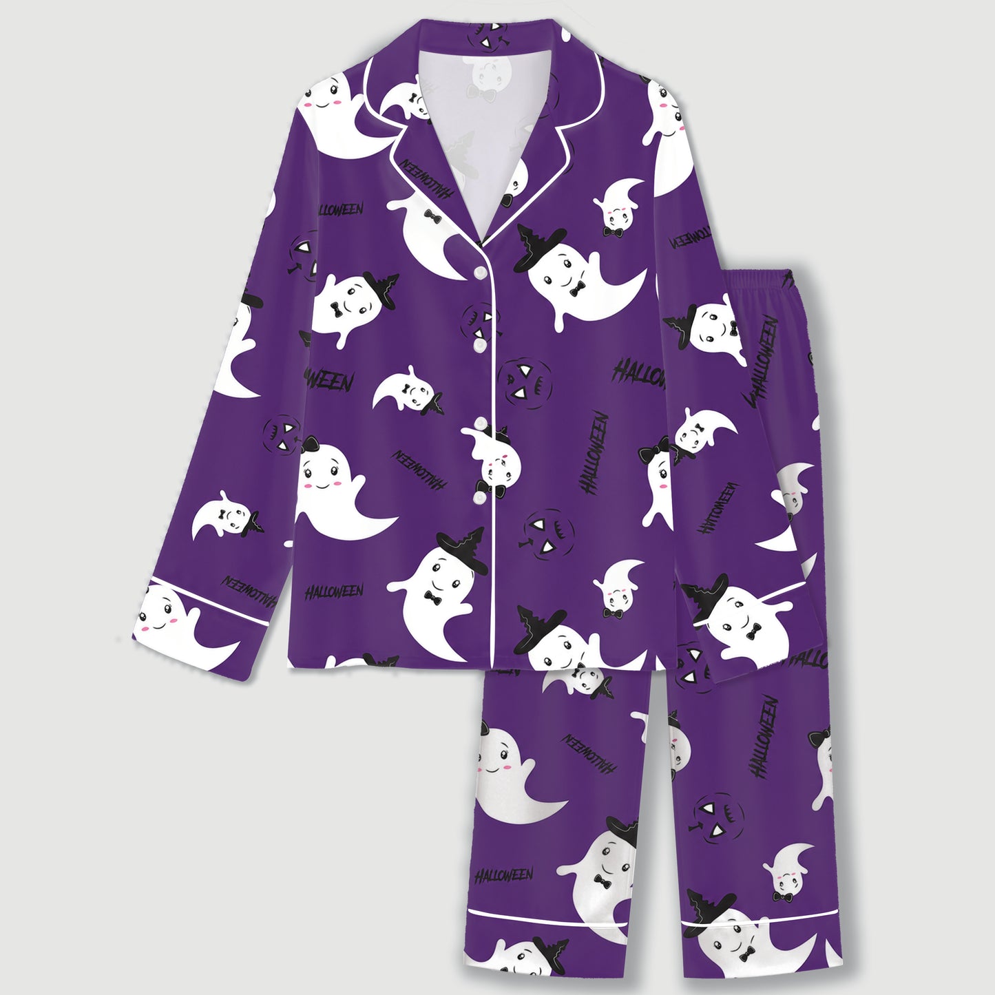 PJ-684-Vibrant Purple and Orange Halloween Pajamas, Playful Spooky Satin Sleepwear, Festive Fall Loungewear, October Gift