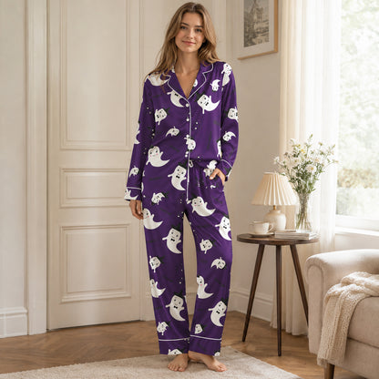 PJ-684-Vibrant Purple and Orange Halloween Pajamas, Playful Spooky Satin Sleepwear, Festive Fall Loungewear, October Gift