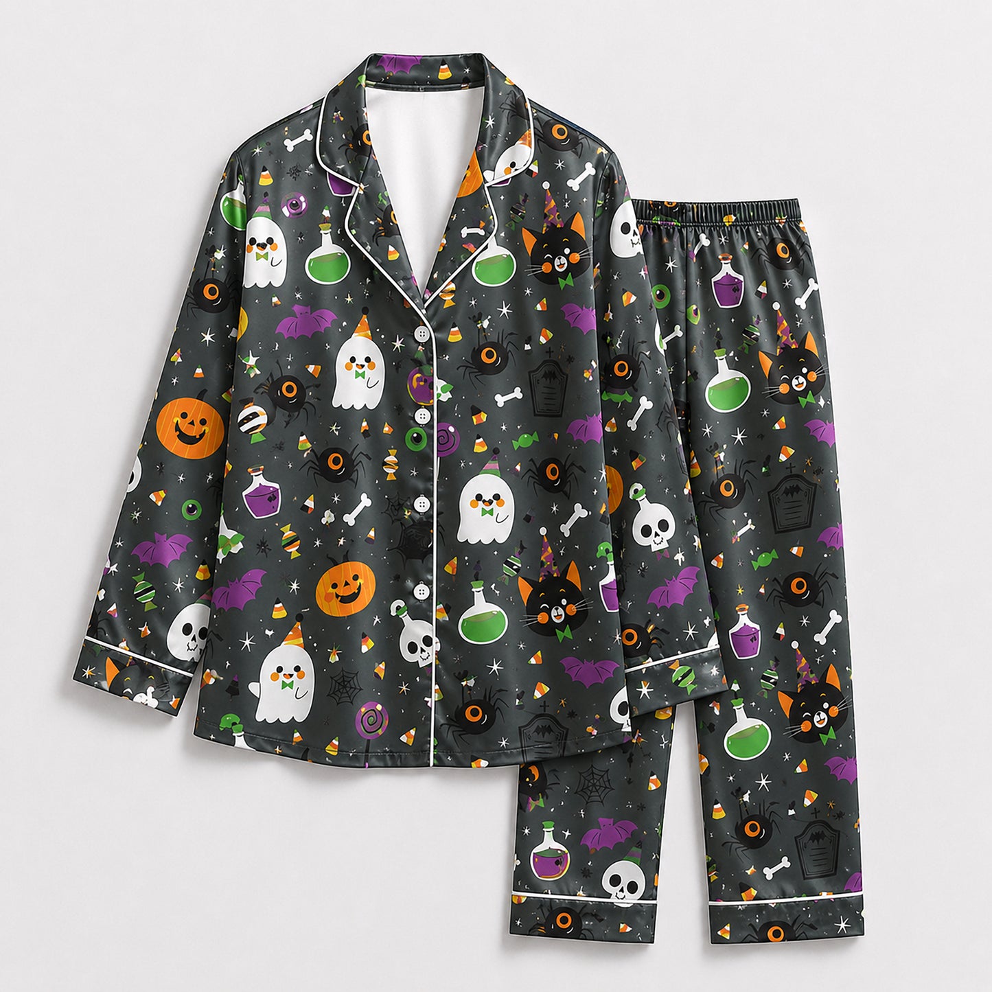 PJ-685-Halloween Storybook Satin Pajamas, Playful Seasonal Sleepwear, Soft Fall Lounge Set, Unique Holiday Gift