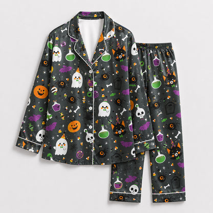 PJ-685-Halloween Storybook Satin Pajamas, Playful Seasonal Sleepwear, Soft Fall Lounge Set, Unique Holiday Gift