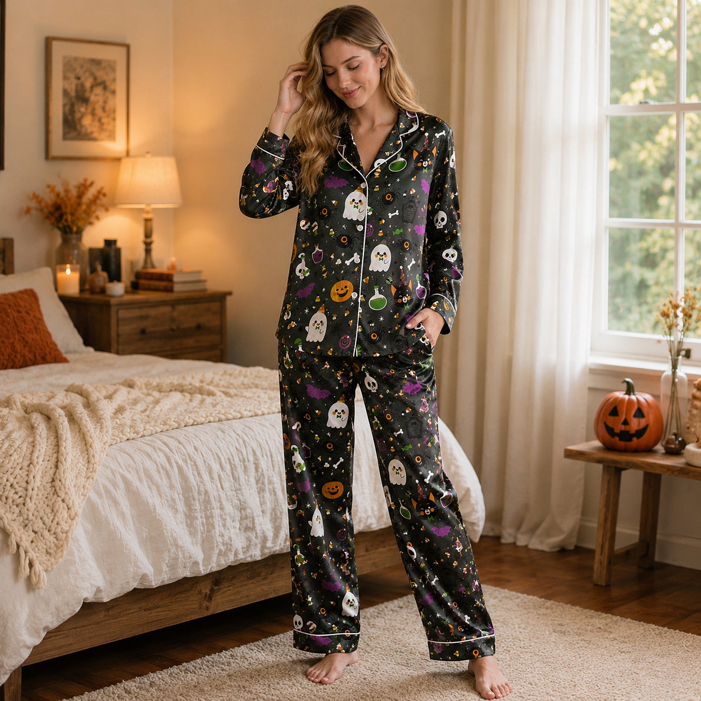PJ-685-Halloween Storybook Satin Pajamas, Playful Seasonal Sleepwear, Soft Fall Lounge Set, Unique Holiday Gift