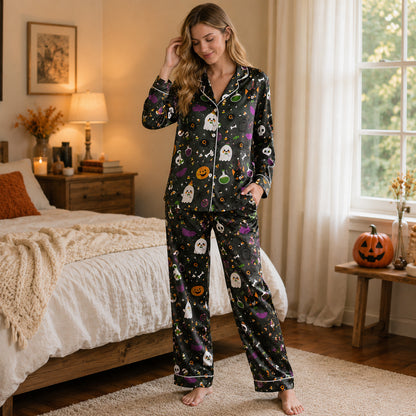PJ-685-Halloween Storybook Satin Pajamas, Playful Seasonal Sleepwear, Soft Fall Lounge Set, Unique Holiday Gift