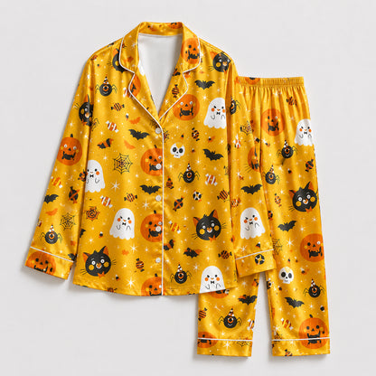 PJ-686-October Enchantment Pajama Set, Cute Spooky Satin Sleepwear, Elegant Autumn Loungewear, Boutique Gift