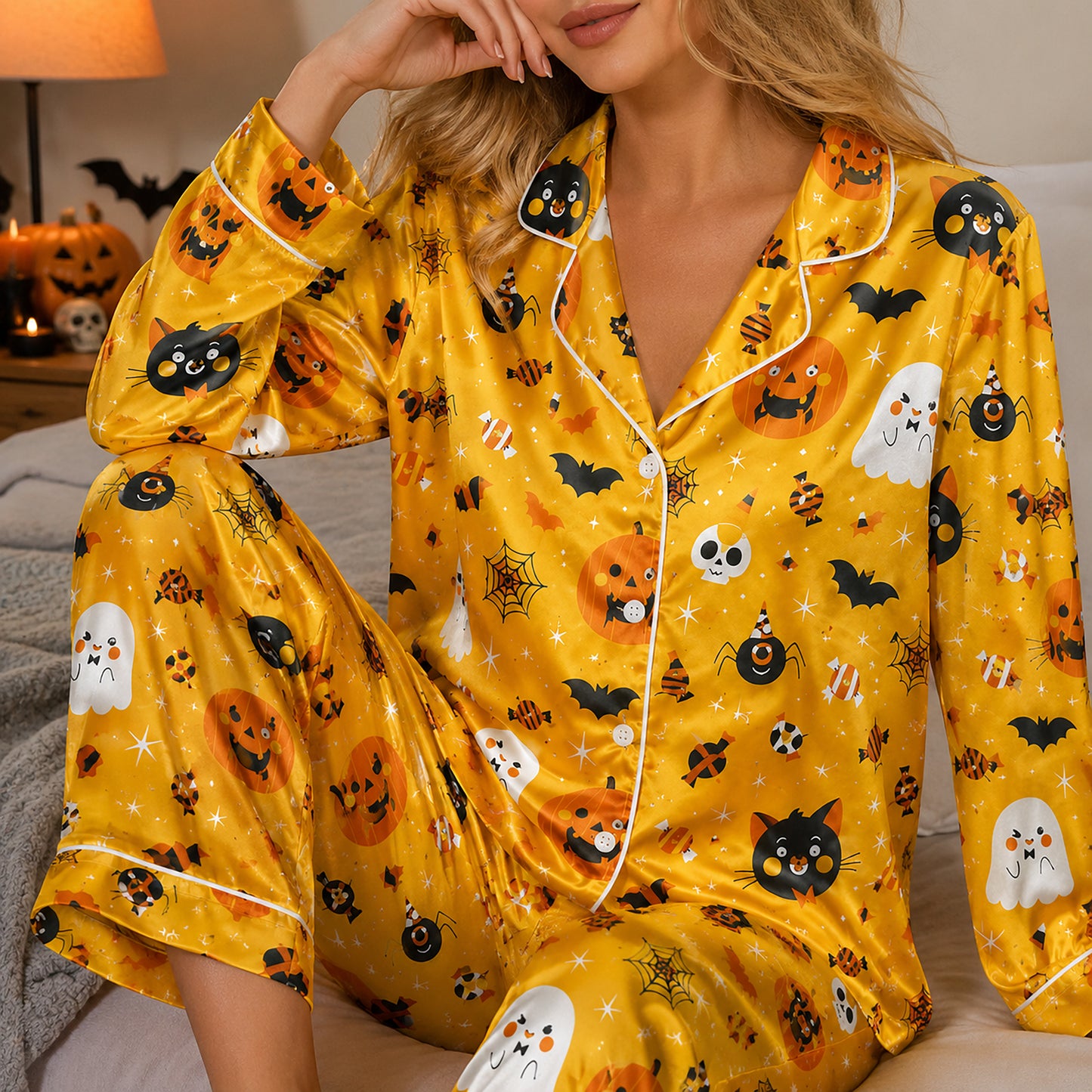 PJ-686-October Enchantment Pajama Set, Cute Spooky Satin Sleepwear, Elegant Autumn Loungewear, Boutique Gift