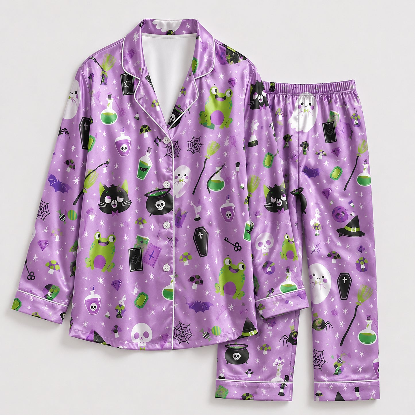 PJ-687-Whimsical After Dark Satin Pajamas, Halloween Inspired Sleepwear Set, Cozy Fall Lounge Wear, Exclusive Gift