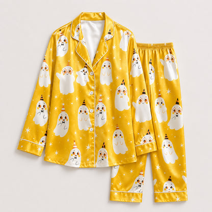 PJ-688-Spooky Darling Ghost Pajama Set, Charming Halloween Satin Sleepwear, Premium October Loungewear, Seasonal Nightwear