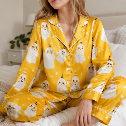 PJ-688-Spooky Darling Ghost Pajama Set, Charming Halloween Satin Sleepwear, Premium October Loungewear, Seasonal Nightwear