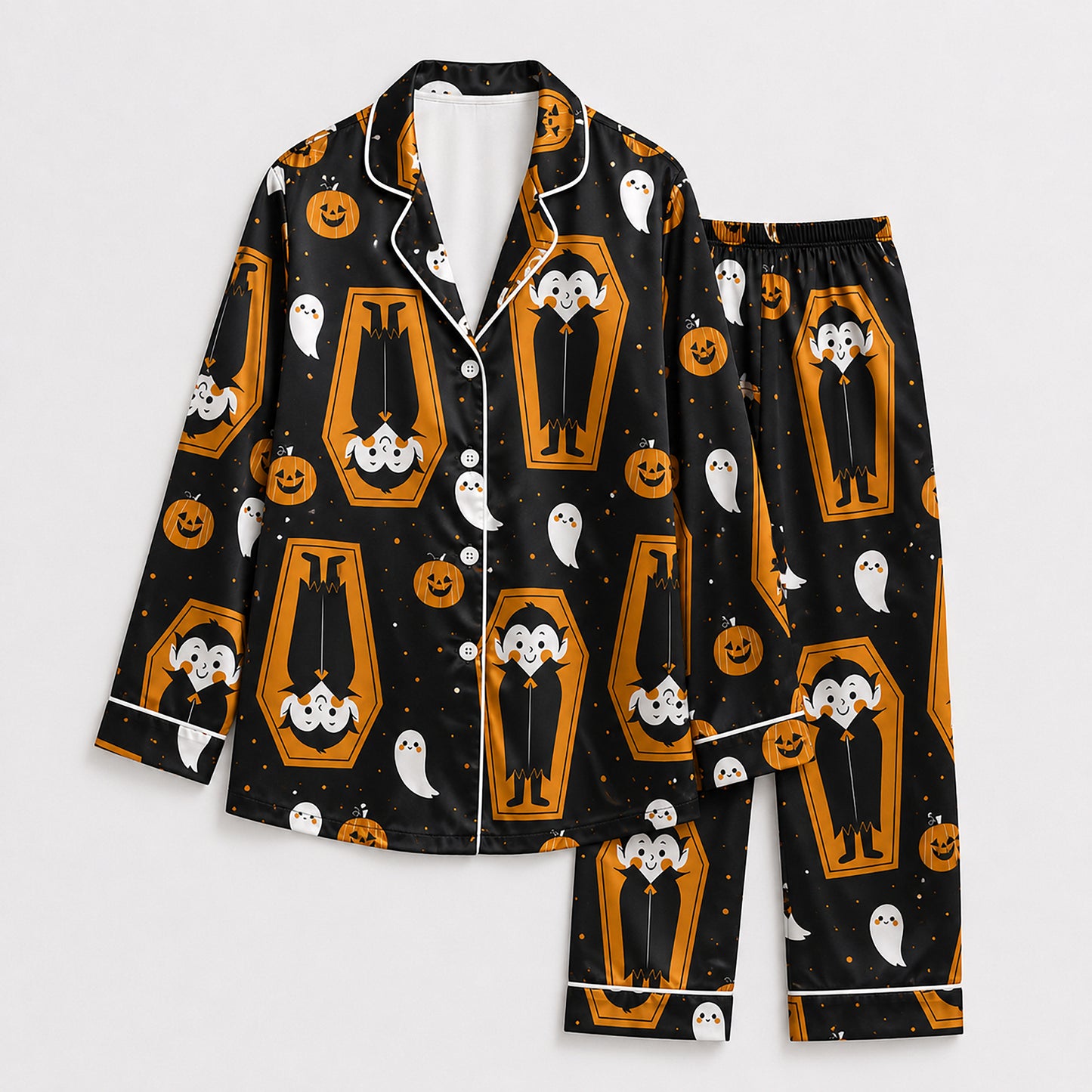 PJ-689-Cartoon Vampire Pajamas, Charming Halloween Satin Sleepwear, Cozy Gothic Lounge Set, Unique Seasonal Gift