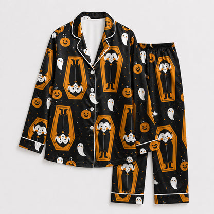 PJ-689-Cartoon Vampire Pajamas, Charming Halloween Satin Sleepwear, Cozy Gothic Lounge Set, Unique Seasonal Gift