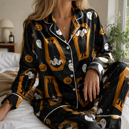 PJ-689-Cartoon Vampire Pajamas, Charming Halloween Satin Sleepwear, Cozy Gothic Lounge Set, Unique Seasonal Gift
