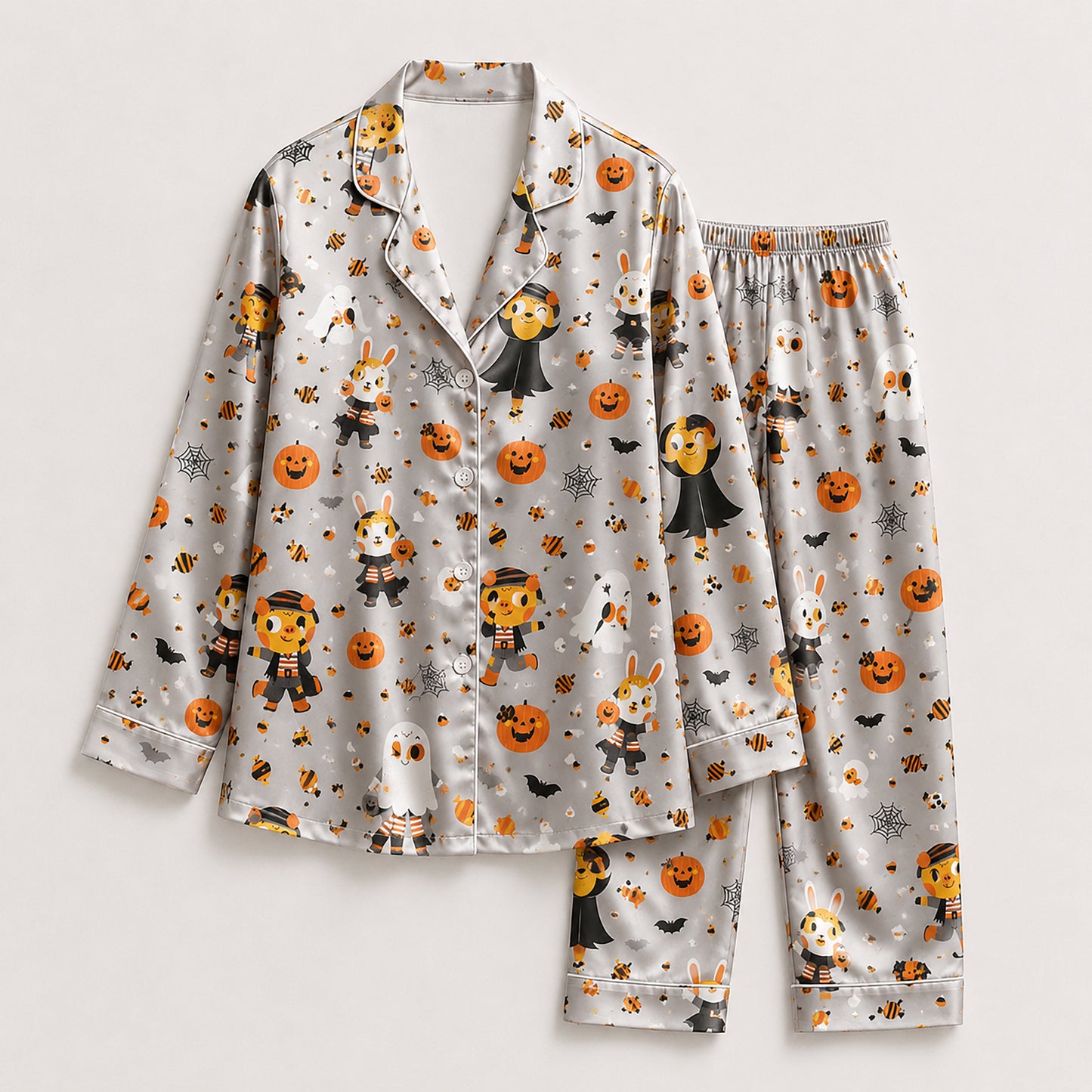 PJ-690-Cute Vampire Satin Pajama Set, Whimsical Halloween Sleepwear, Playful Spooky Loungewear, Fun October Gift
