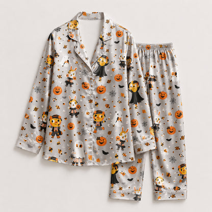 PJ-690-Cute Vampire Satin Pajama Set, Whimsical Halloween Sleepwear, Playful Spooky Loungewear, Fun October Gift