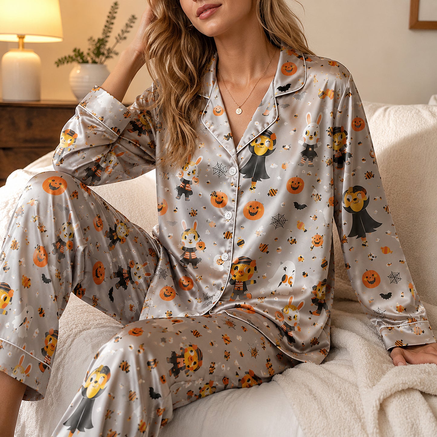 PJ-690-Cute Vampire Satin Pajama Set, Whimsical Halloween Sleepwear, Playful Spooky Loungewear, Fun October Gift