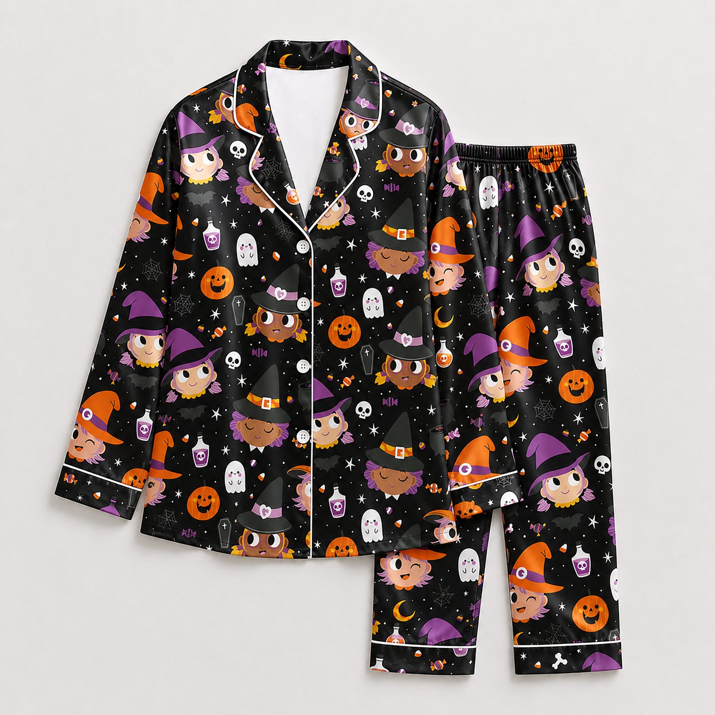 PJ-691-Midnight Whimsy Pajama Set, Charming Halloween Satin Sleepwear, Cozy Boutique Loungewear, October Gift