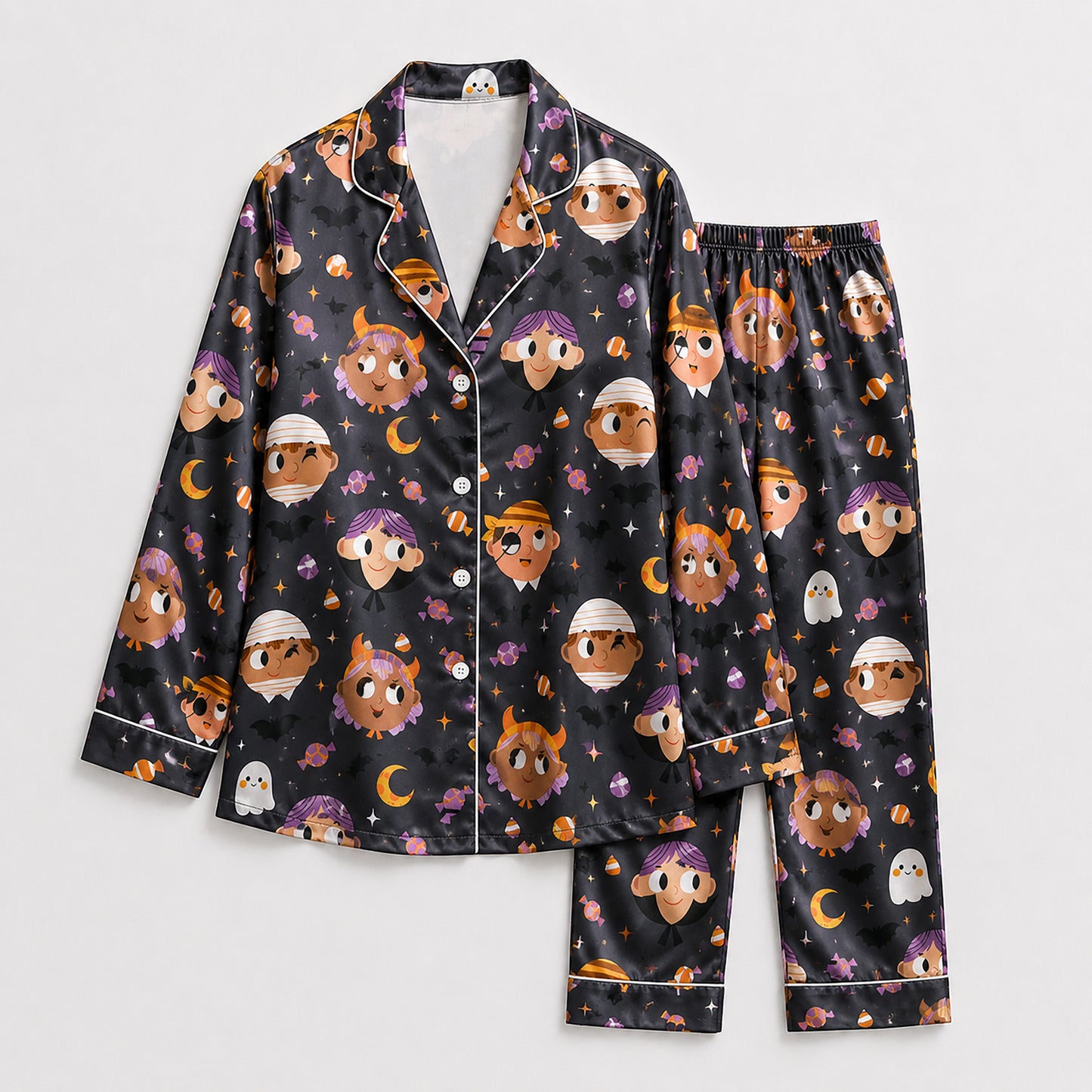 PJ-692-Sweetly Spooky Satin Pajamas, Cute Halloween Pattern Sleepwear, Premium Autumn Lounge Set, Festive Gift