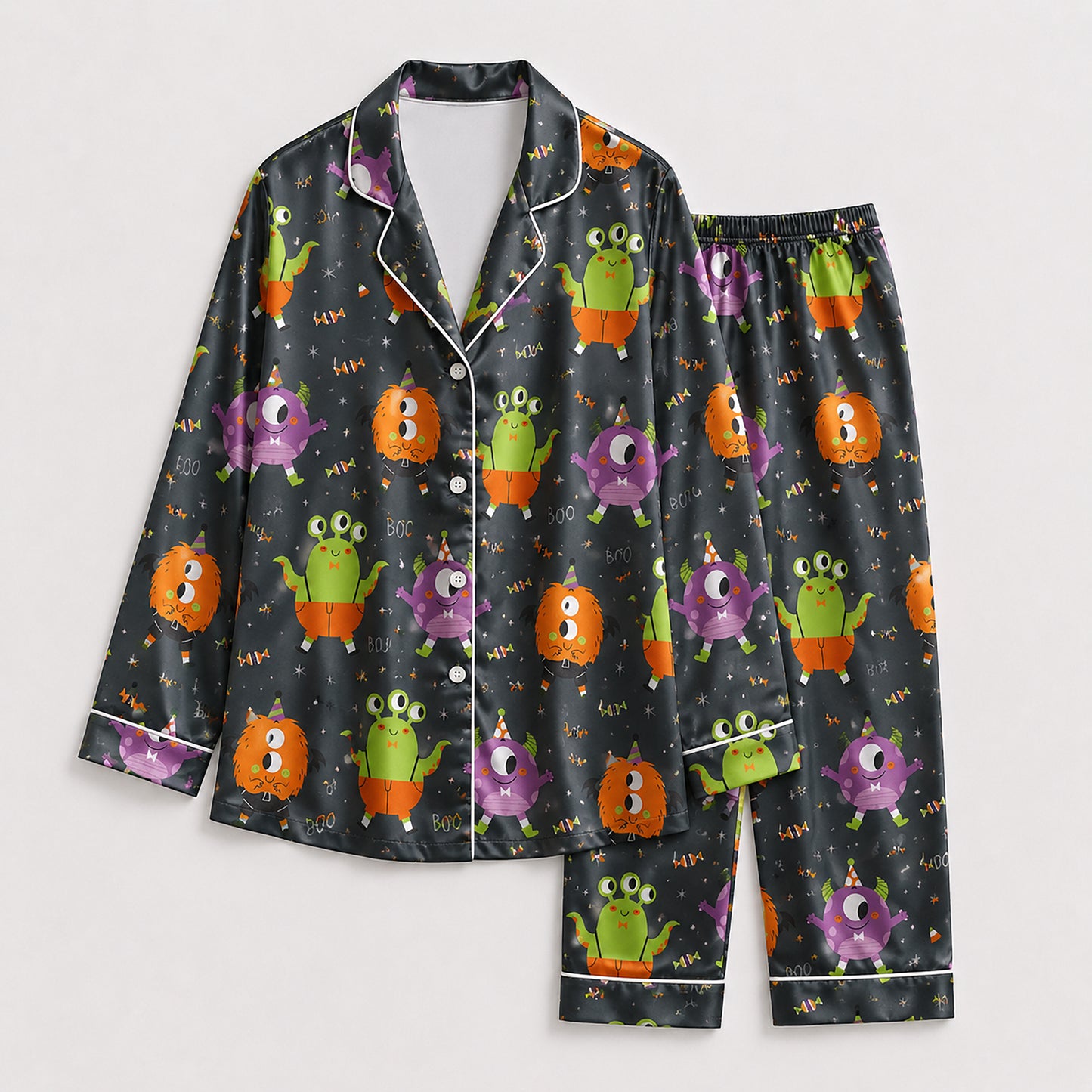 PJ-693-Cartoon Monster Satin Pajama Set, Cute Halloween Character Sleepwear, Whimsical Spooky Loungewear, Fun October Gift