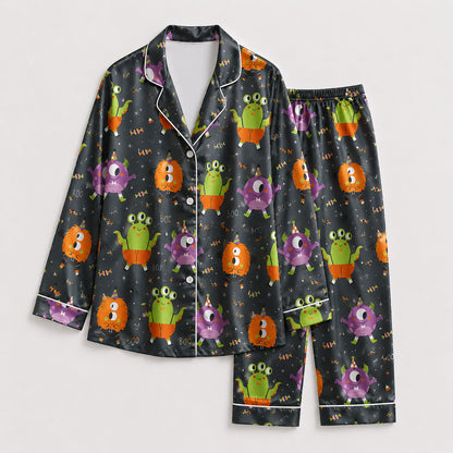 PJ-693-Cartoon Monster Satin Pajama Set, Cute Halloween Character Sleepwear, Whimsical Spooky Loungewear, Fun October Gift