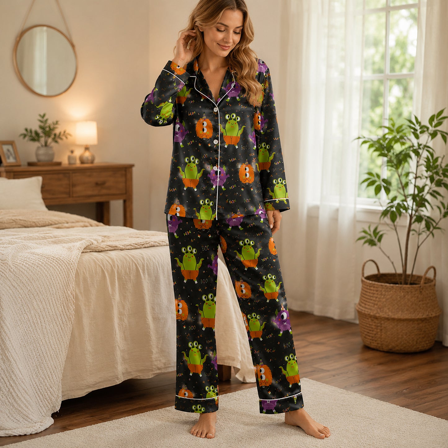 PJ-693-Cartoon Monster Satin Pajama Set, Cute Halloween Character Sleepwear, Whimsical Spooky Loungewear, Fun October Gift