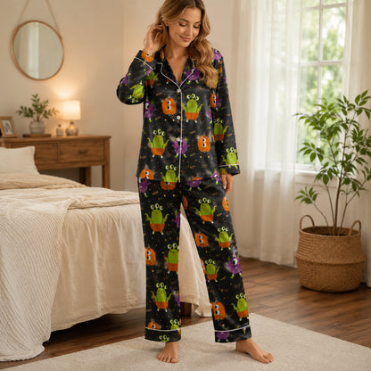 PJ-693-Cartoon Monster Satin Pajama Set, Cute Halloween Character Sleepwear, Whimsical Spooky Loungewear, Fun October Gift