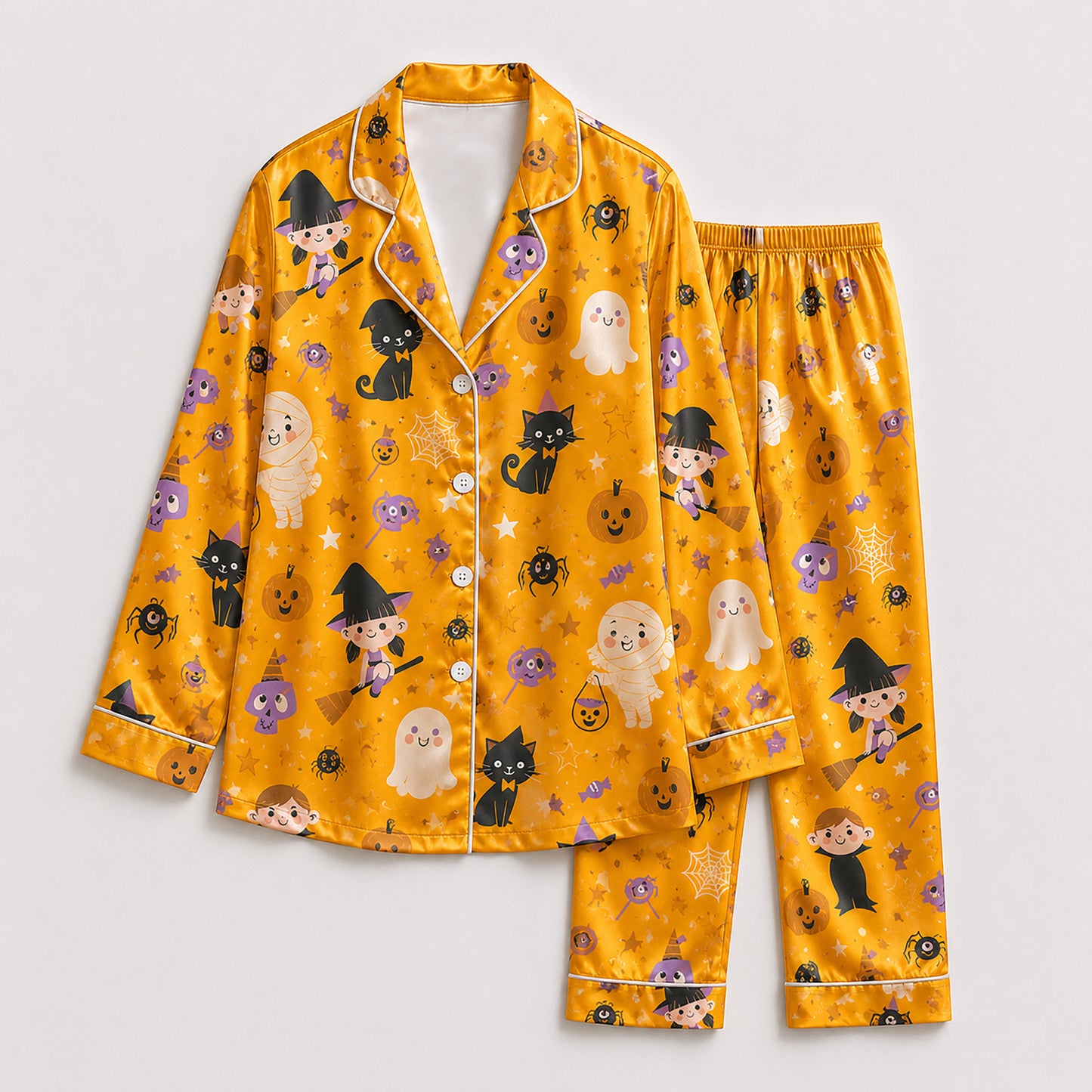PJ-694-Spooky Chic Satin Pajamas, Whimsical Halloween Sleepwear Set, Cozy Autumn Lounge Outfit, Limited Style Gift